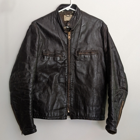 Vintage Leather Tailored Motorcycle Cafe Racer Jacket Brown Large - Picture 1 of 11